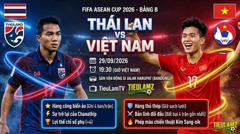 Ảnh bìa nhận định và thông tin xem trực tiếp bóng đá trận đấu Thái Lan vs Việt Nam tại bảng B FIFA ASEAN Cup 2026 trên kênh TieuLamTV.