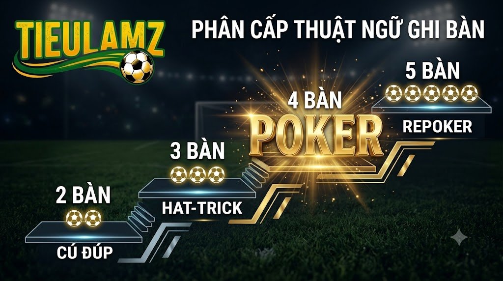 Infographic giải thích ý nghĩa thuật ngữ Poker là gì và hệ thống phân cấp số lượng bàn thắng trong bóng đá.