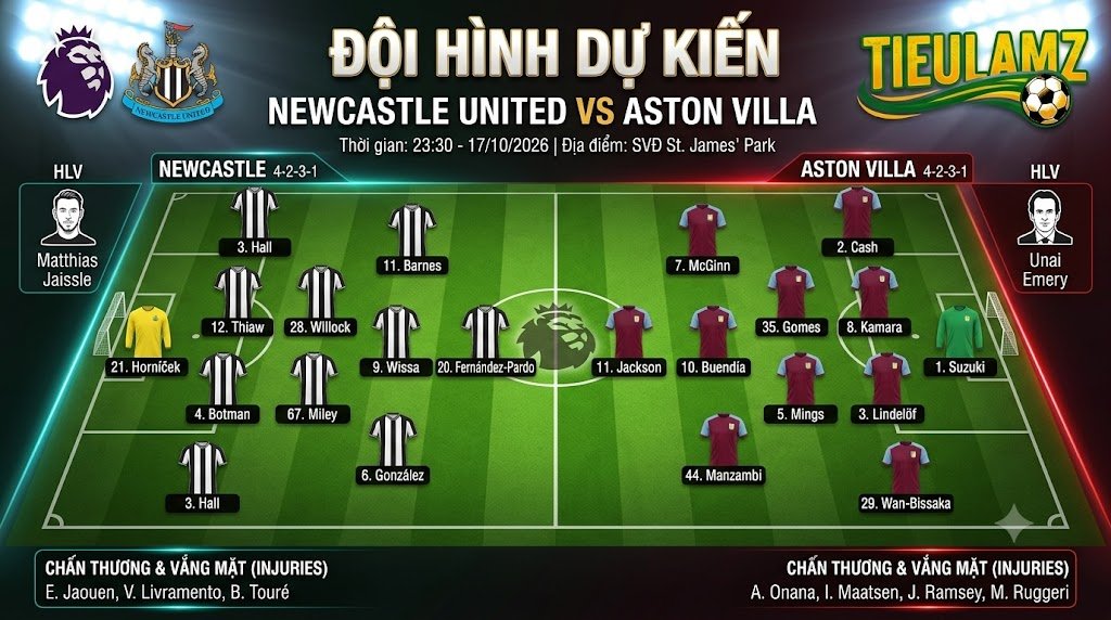 Sơ đồ đội hình ra sân dự kiến trận Newcastle gặp Aston Villa tại sân St. James' Park