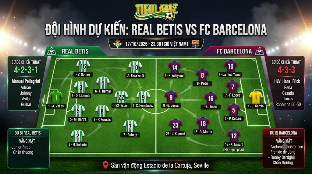 Sơ đồ chiến thuật và đội hình dự kiến trận đấu Real Betis vs FC Barcelona tại TieulamTV