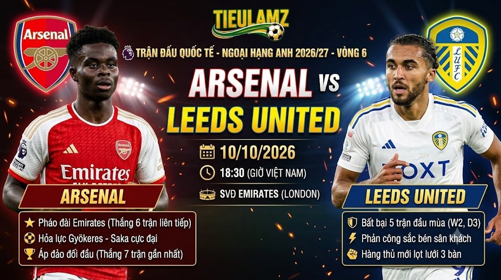 Nhận định Arsenal vs Leeds United Vòng 6 Ngoại Hạng Anh tại TieuLamTV - Cuộc so tài giữa Bukayo Saka và Dominic Calvert-Lewin