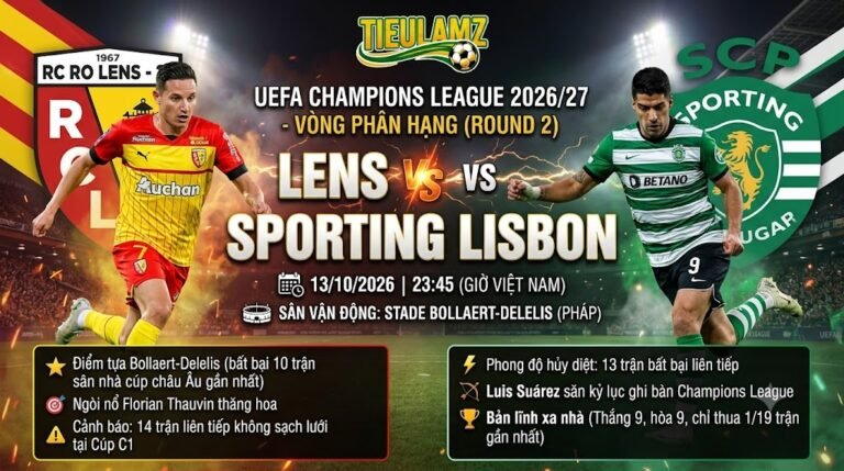 Nhận định Lens vs Sporting Lisbon vòng phân hạng UEFA Champions League 2026/27 trực tiếp bóng đá TieuLamTV