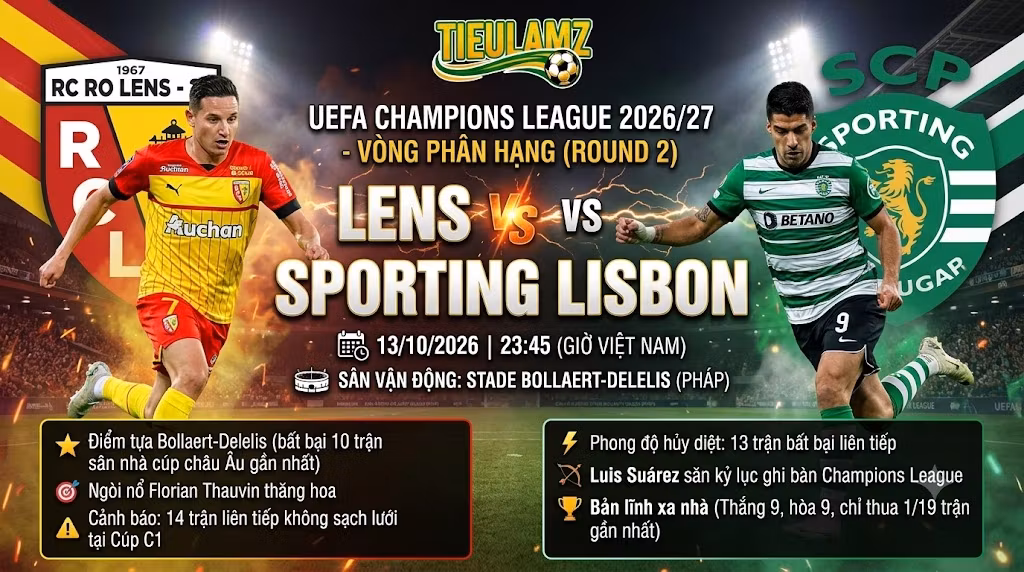 Nhận định Lens vs Sporting Lisbon vòng phân hạng UEFA Champions League 2026/27 trực tiếp bóng đá TieuLamTV