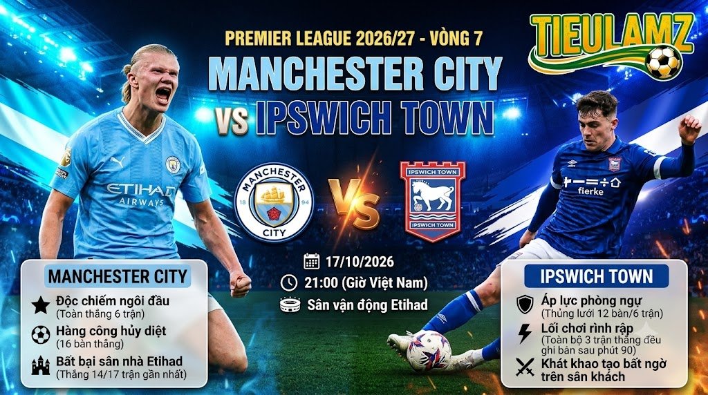 Nhận định Man City vs Ipswich 17/10/2026 - Soi kèo Ngoại hạng Anh cùng TieuLamTV