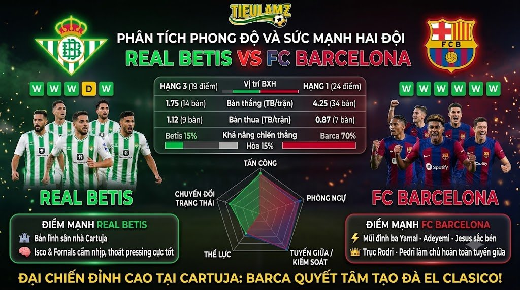 Bảng phân tích phong độ chỉ số thống kê và tỷ lệ thắng Real Betis vs FC Barcelona TieulamTV